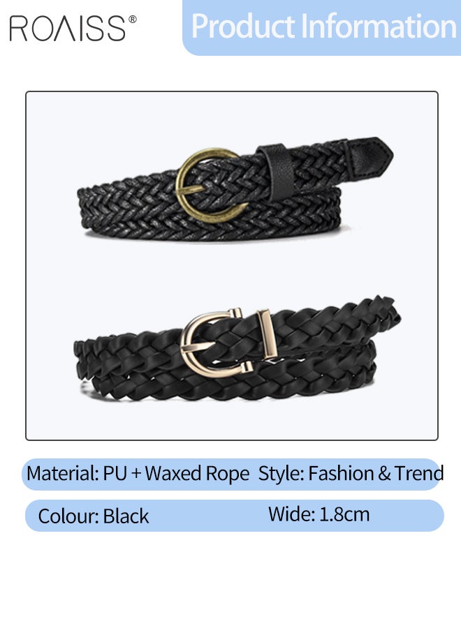 roaiss 2 Pcs Black Woven Belts for Women, Stylish Waxed Rope Woven Thin Belts, and Vintage Leather Woven Belts Non-Perforated Belt Suitable for Dresses, Shirts, and Jeans, Ideal for Daily Wear - Image 2